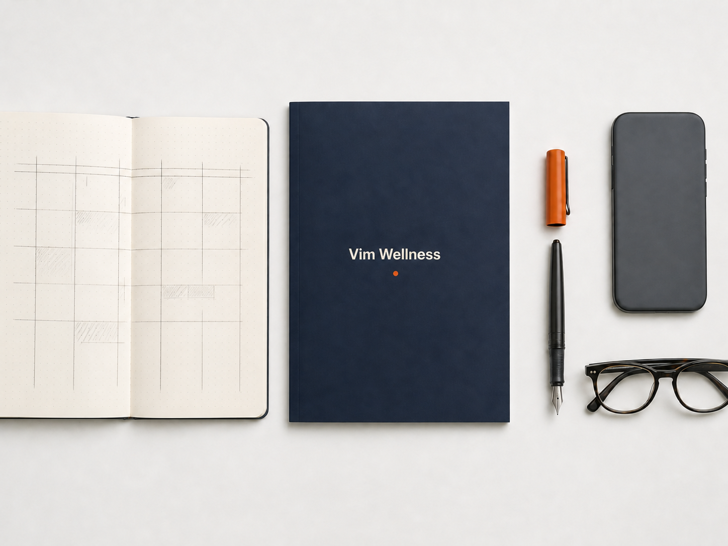 Overhead-Flatlay auf cremeweißem Untergrund: das navyblaue Vim-Wellness-Booklet, das Wochenraster-Notizbuch, ein umgedreht liegendes Smartphone, ein Stift mit orangefarbener Kappe und eine Lesebrille.