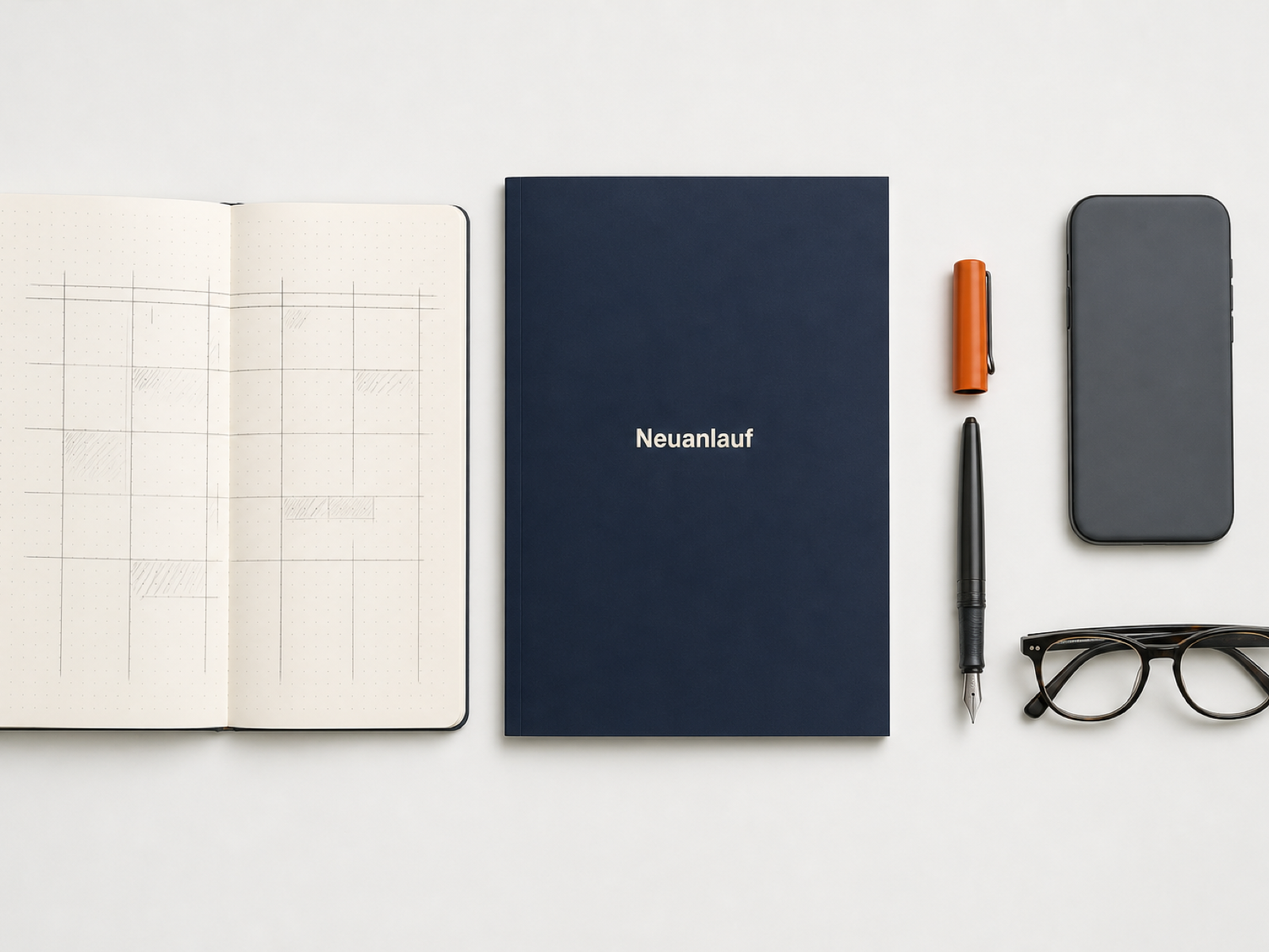 Overhead-Flatlay auf cremeweißem Untergrund: das navyblaue Booklet, das Wochenraster-Notizbuch, ein umgedreht liegendes Smartphone, ein Stift mit orangefarbener Kappe und eine Lesebrille.