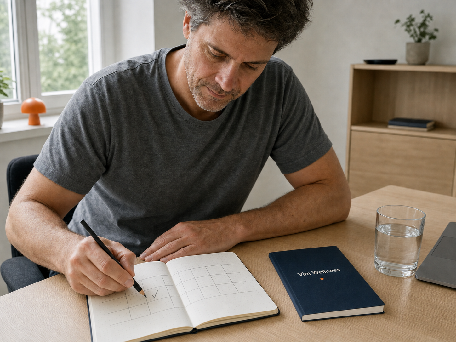 Ein Mann Ende vierzig sitzt an einem Schreibtisch im Homeoffice und trägt ein Häkchen in das Wochenraster-Notizbuch ein; daneben liegen das navyblaue Vim-Wellness-Booklet und ein Glas Wasser, der Laptop ist zur Seite geschoben.
