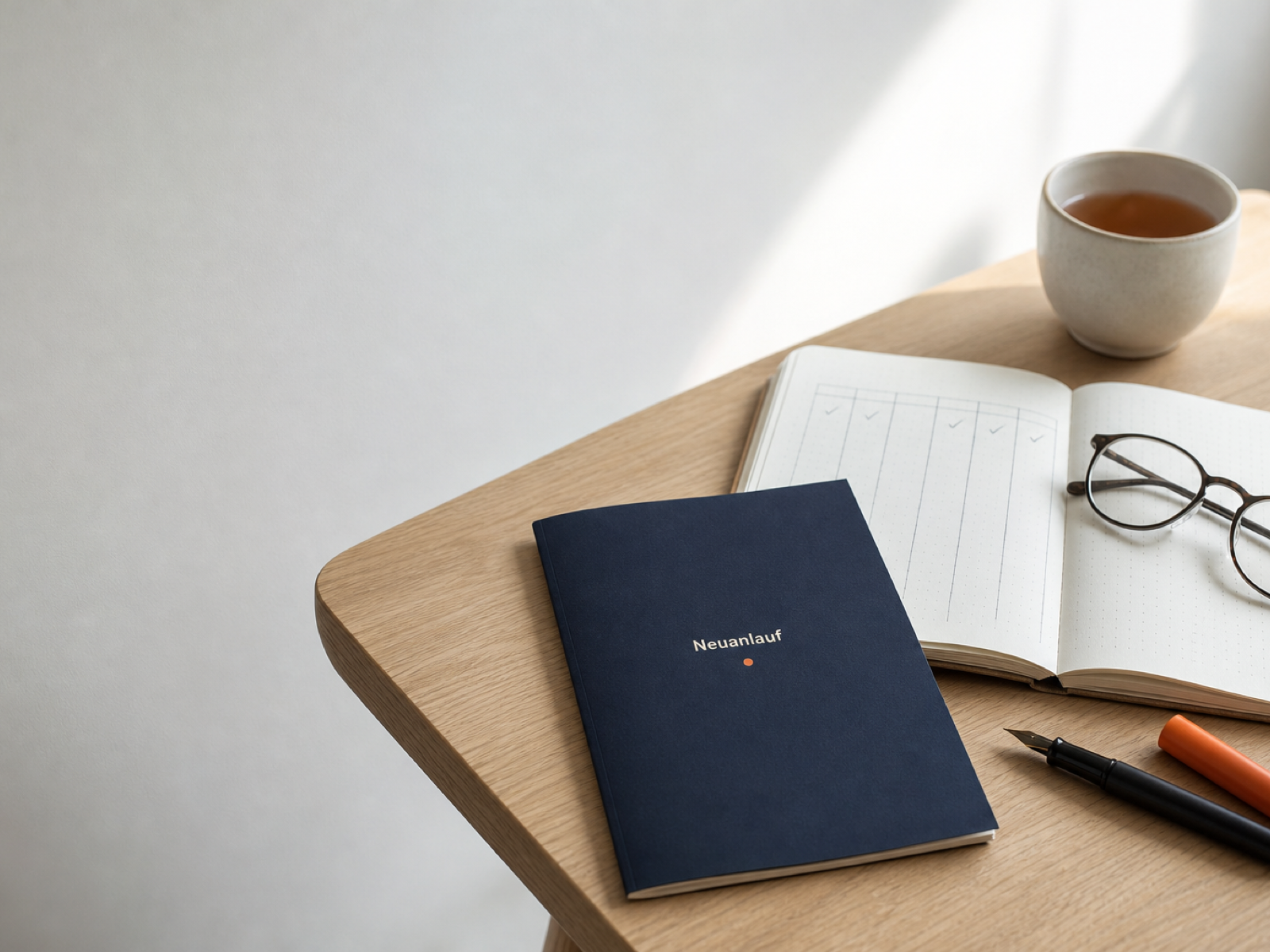 Das navyblaue A5-Booklet „Neuanlauf“ mit orangefarbenem Punkt liegt auf einem Eichenschreibtisch neben einem aufgeschlagenen Notizbuch mit handgezeichnetem Wochenraster, einer Lesebrille und einer Tasse Tee.