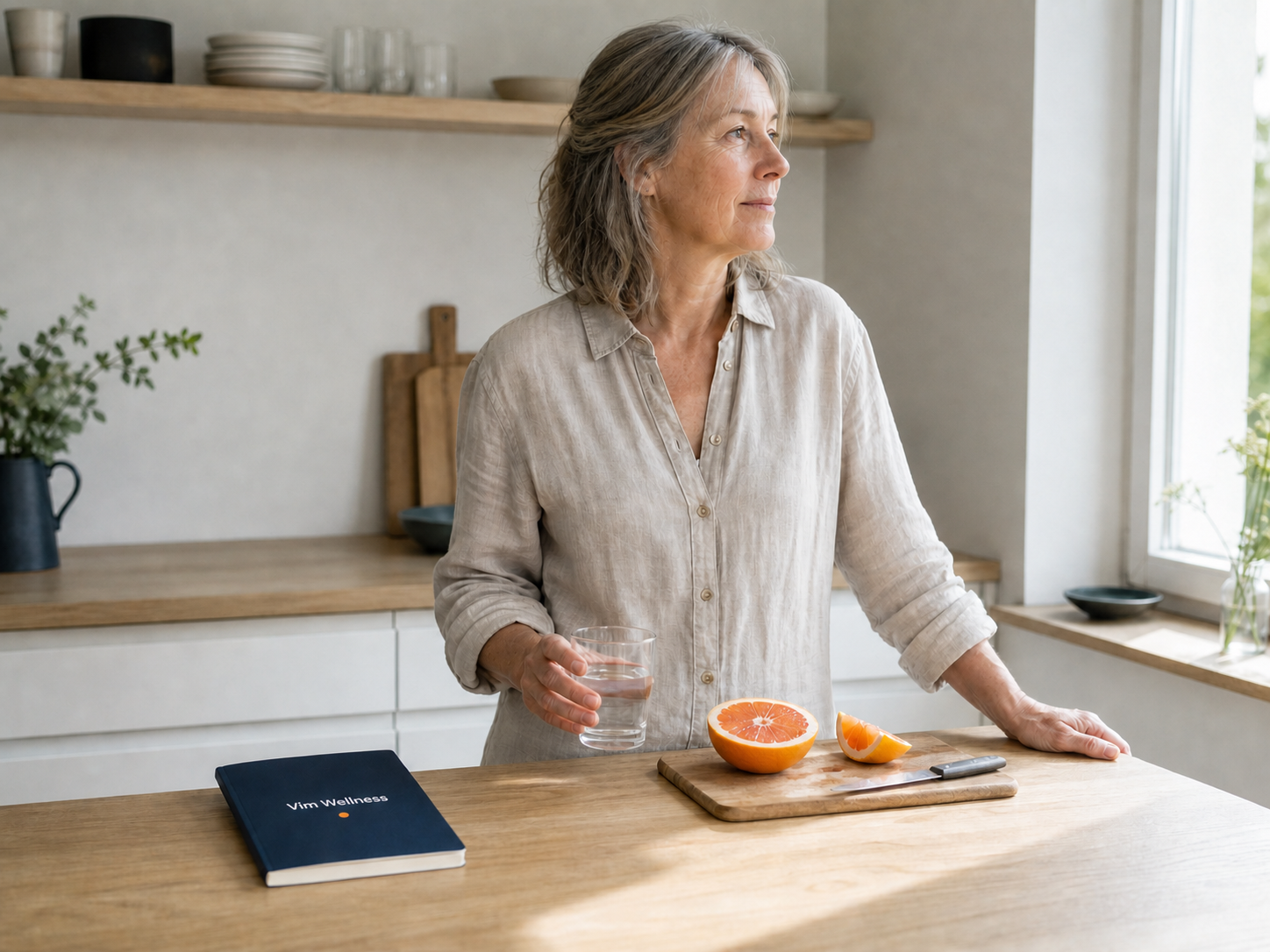 Eine Frau Mitte fünfzig in einer hellen Küche mit einem Glas Wasser und einer aufgeschnittenen Grapefruit; das navyblaue Vim-Wellness-Booklet liegt auf der Arbeitsplatte.