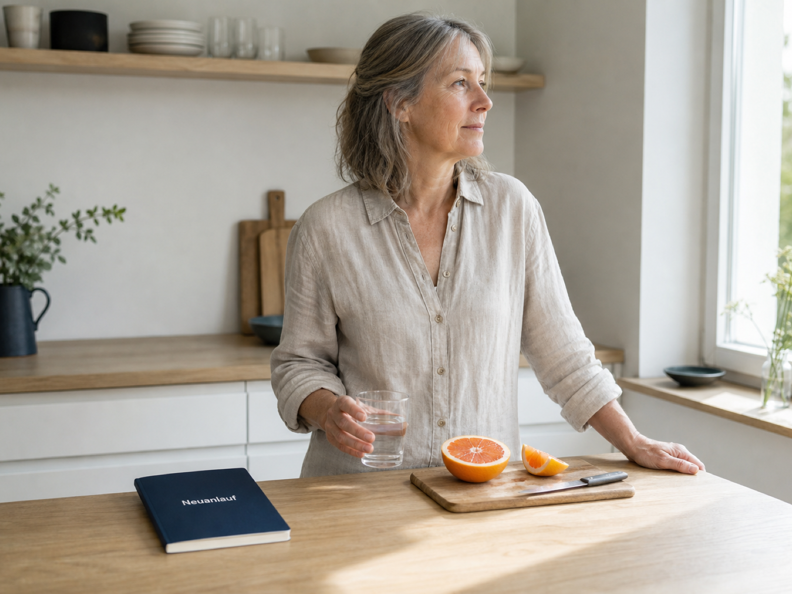Eine Frau Mitte fünfzig in einer hellen Küche mit einem Glas Wasser und einer aufgeschnittenen Grapefruit; das navyblaue Booklet liegt auf der Arbeitsplatte.